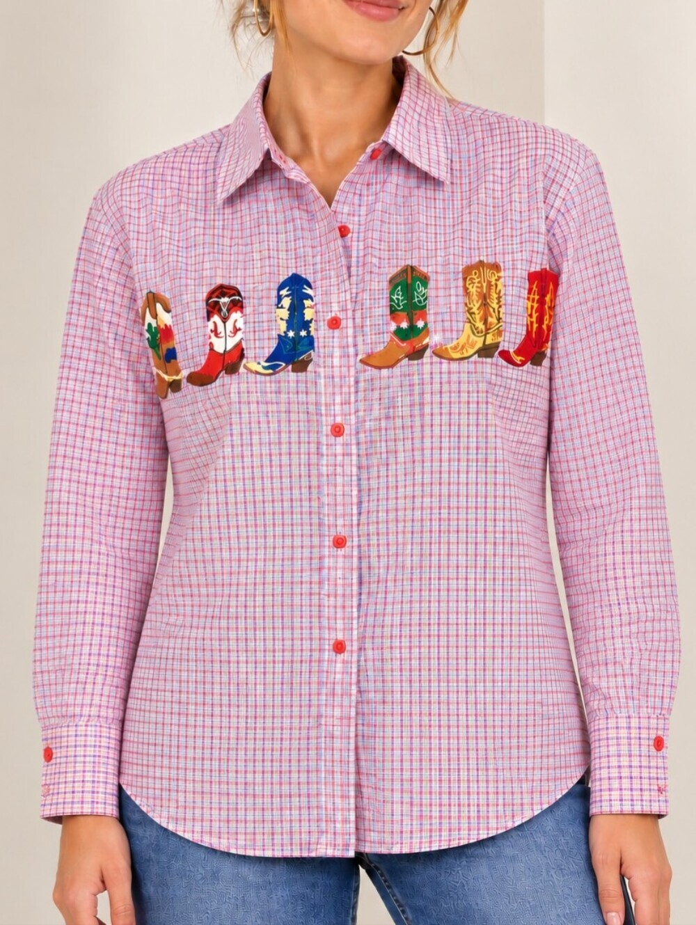 Western Cowboy Boot Embroidered Gingham Button-Up Shirt Pink & White Size Medium